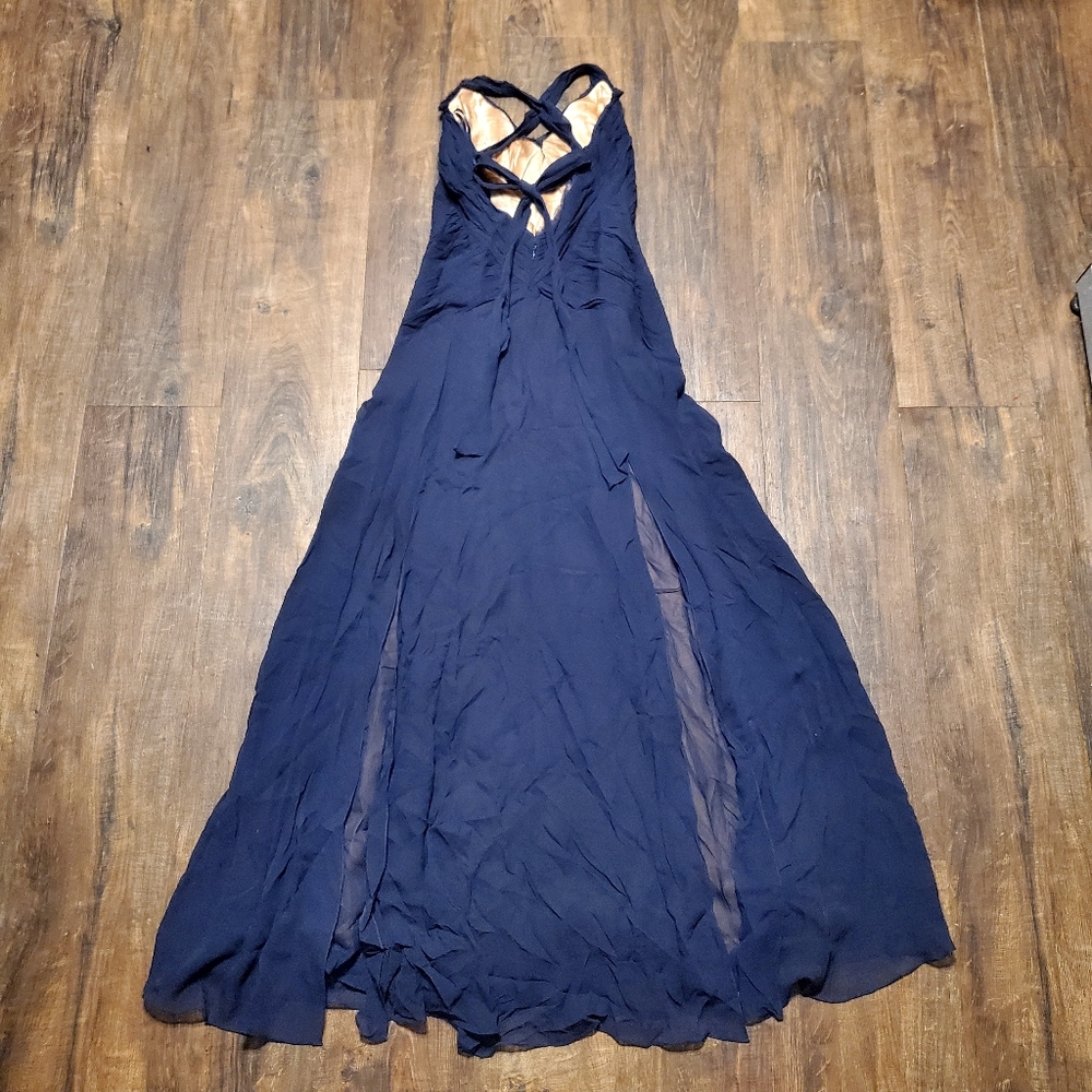 BCBGMAXAZRIA 6 Dress Maxi Navy Silk Chiffon Gown Crisscross Back Slits P… - Picture 5 of 7